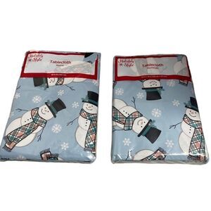 HOLIDAY STYLE Two  Rectangular Tablecloth Blue With Snowmen 52”X70”